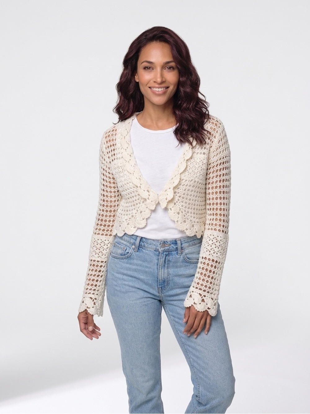 Sydney Easton Cream Crochet Shrug with Scalloped Hem